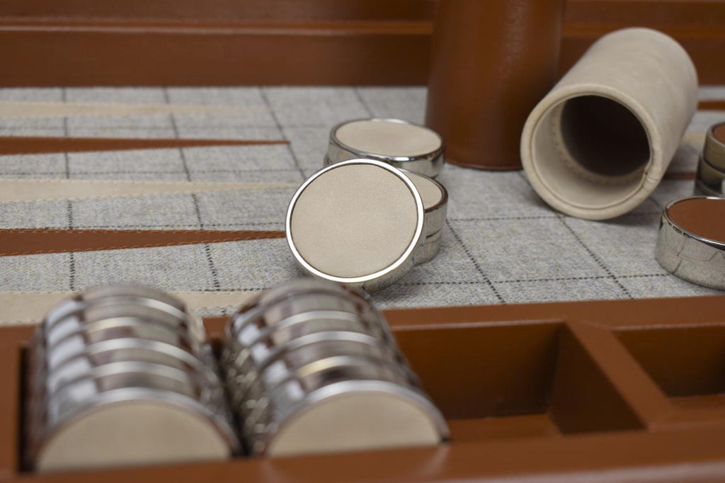 Close-up of the nickel and suede checkers on the wool field