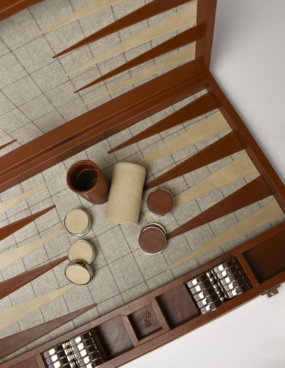 Overhead view of the windowpane wool playing field with cognac and bone leather points